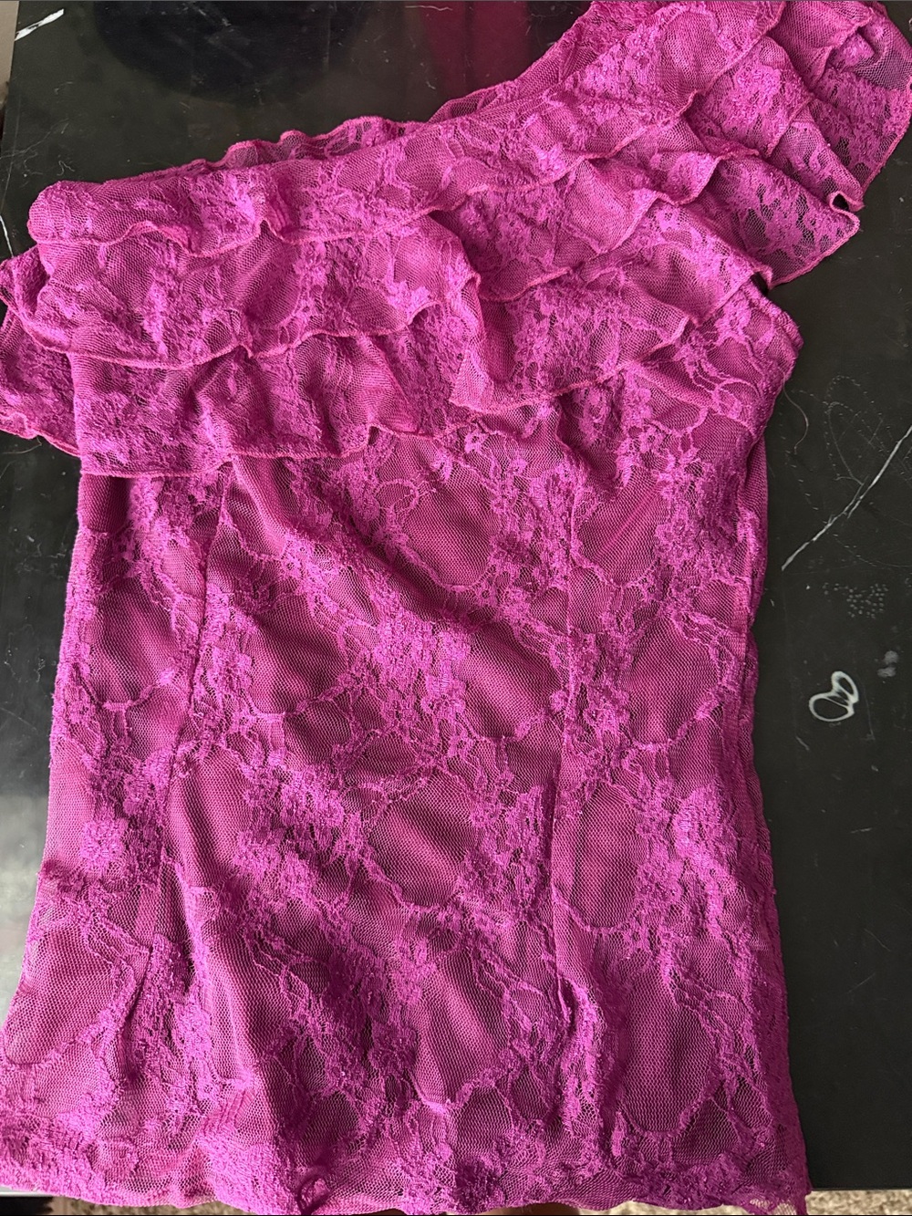 Fuchsia One-Shoulder Lace Ruffle Top